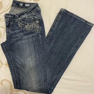 Miss Me Dark Blue signature Boot Cut Jeans with embroidery.